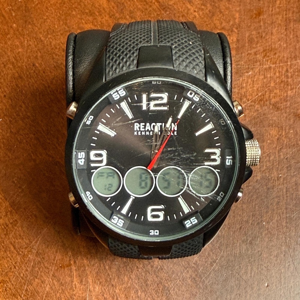 Kenneth Cole Reaction Mens Analog Digital Hybrid Watch Black Silicone Strap